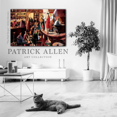 Patrick Allen - Cat and Singer in Red Painting in Living Room